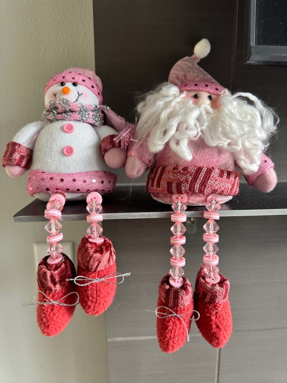 Festive pink Christmas shelf-sitter dolls snowman and Santa Claus